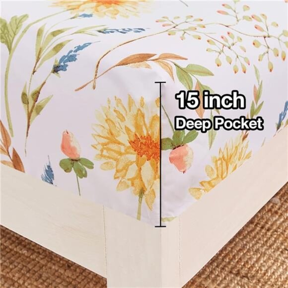 Yellow Floral Printed Sheet Set Queen Size, 4 Piece Soft Botanical Spring Sheets - Picture 4 of 7